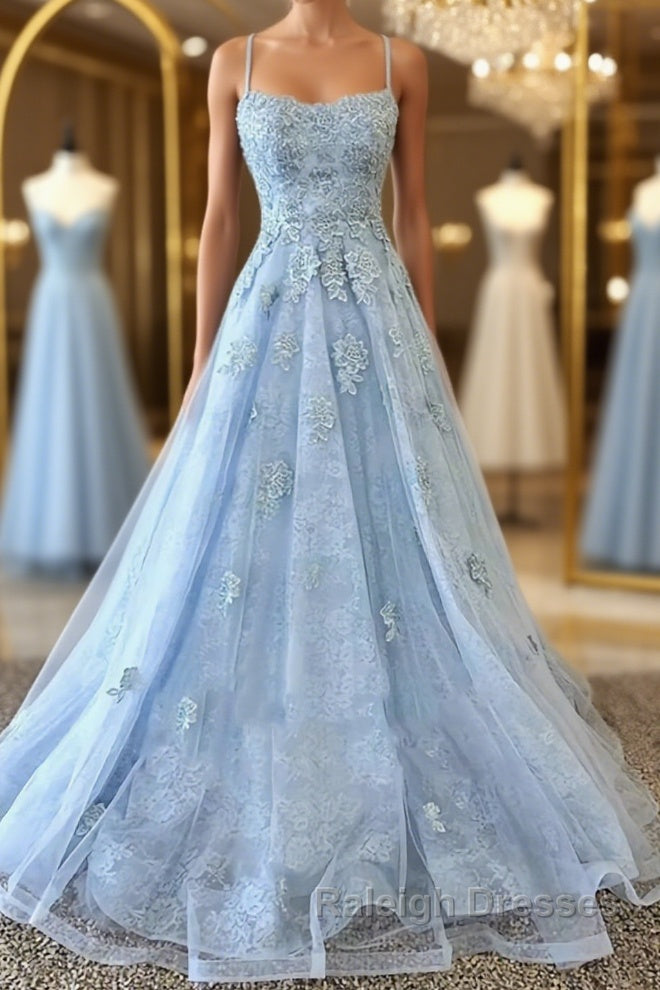 Scoop Neck Light Blue Backless Lace Prom Dresses, Scoop Neck Blue Lace Formal Evening Dresses Main image