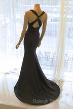 Scoop Neck Long Black Satin Mermaid Prom Dress