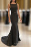 Scoop Neck Long Black Satin Mermaid Prom Dress