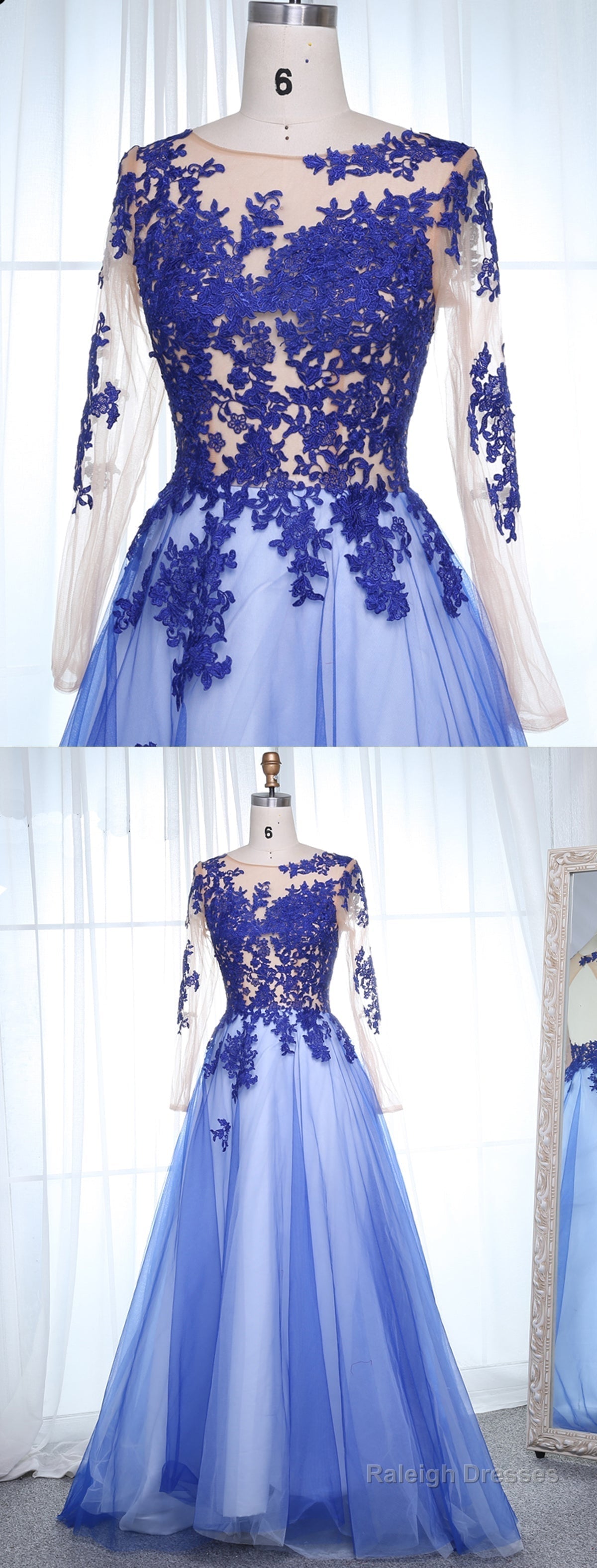 Scoop Neck Long Sleeves Appliques Lace Prom Dress