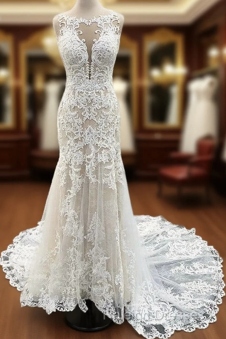 Scoop Neck Mermaid Wedding Dress Lace Court Train Main image