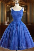 Scoop Neckline Royal Blue Party Dress, A-Line Spaghetti Strap Short Evening Dress