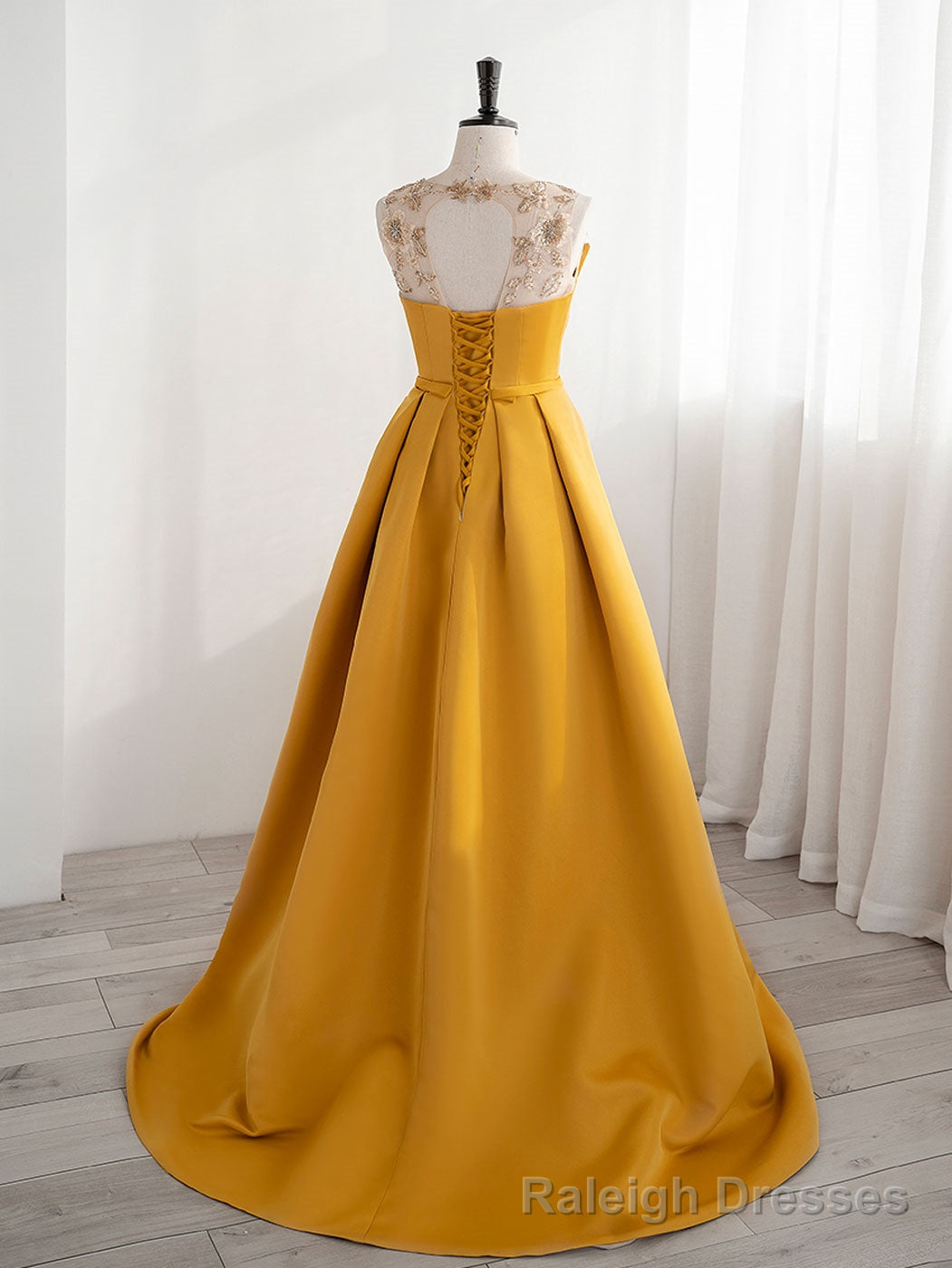 Scoop Neckline Satin Yellow Long Prom Dresses, Yellow Formal with Beading Sequin Secondary image