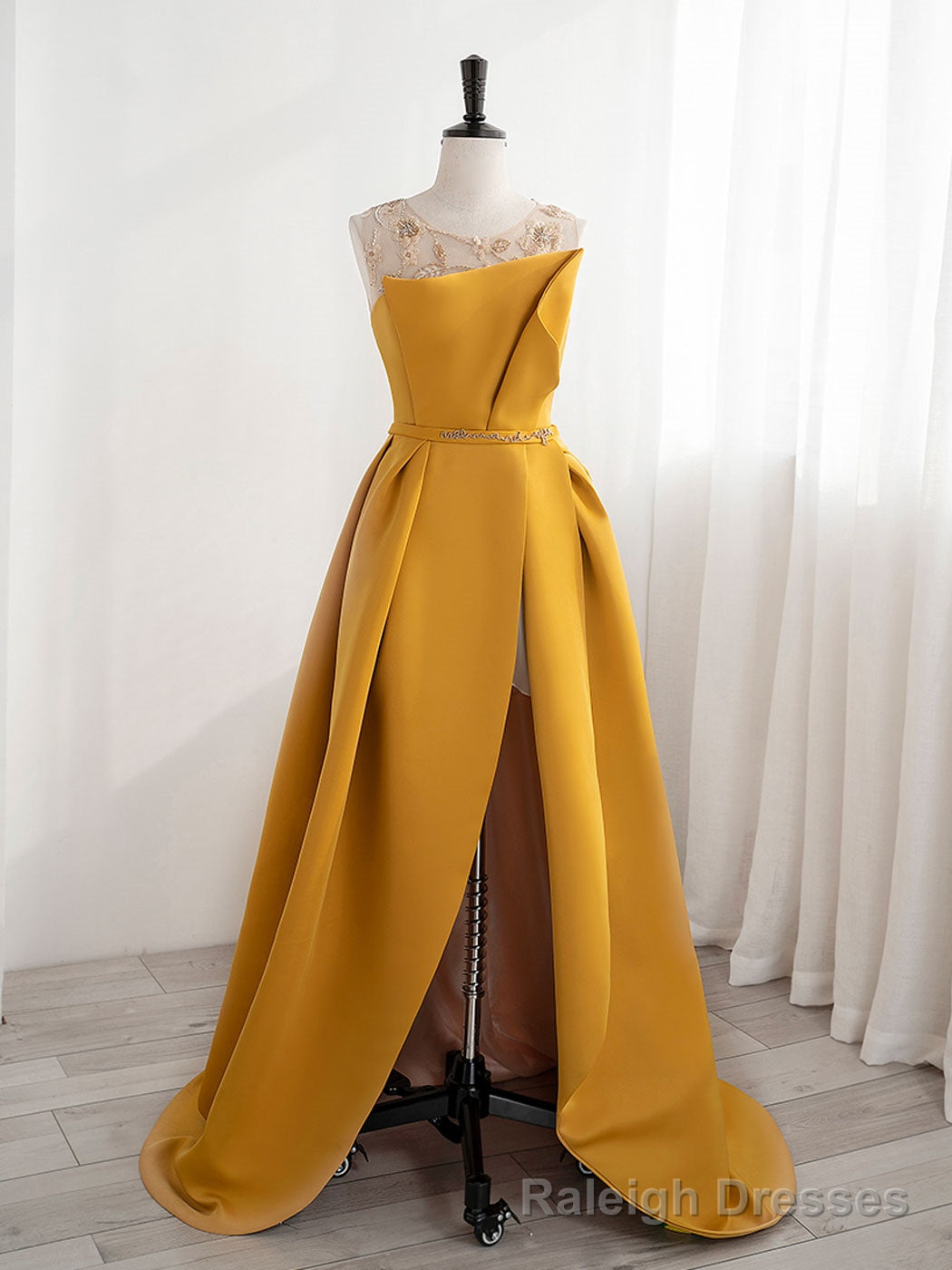 Scoop Neckline Satin Yellow Long Prom Dresses, Yellow Formal with Beading Sequin Main image