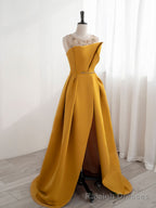Scoop Neckline Satin Yellow Long Prom Dresses, Yellow Formal with Beading Sequin
