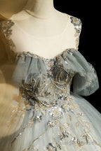 Scoop Neckline Tulle Long Formal Dress with Beaded, A-Line Evening Dress