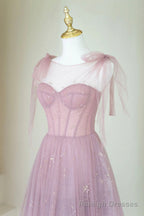 Scoop Neckline Tulle Pink Long Prom Dress, Cute A Line Prom Prom Dress