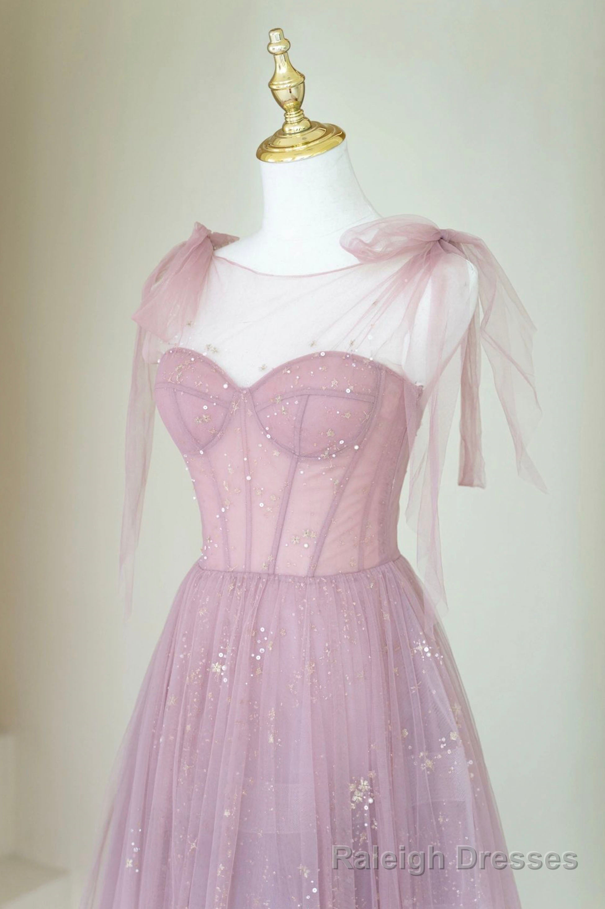 Scoop Neckline Tulle Pink Long Prom Dress, Cute A Line Prom Prom Dress