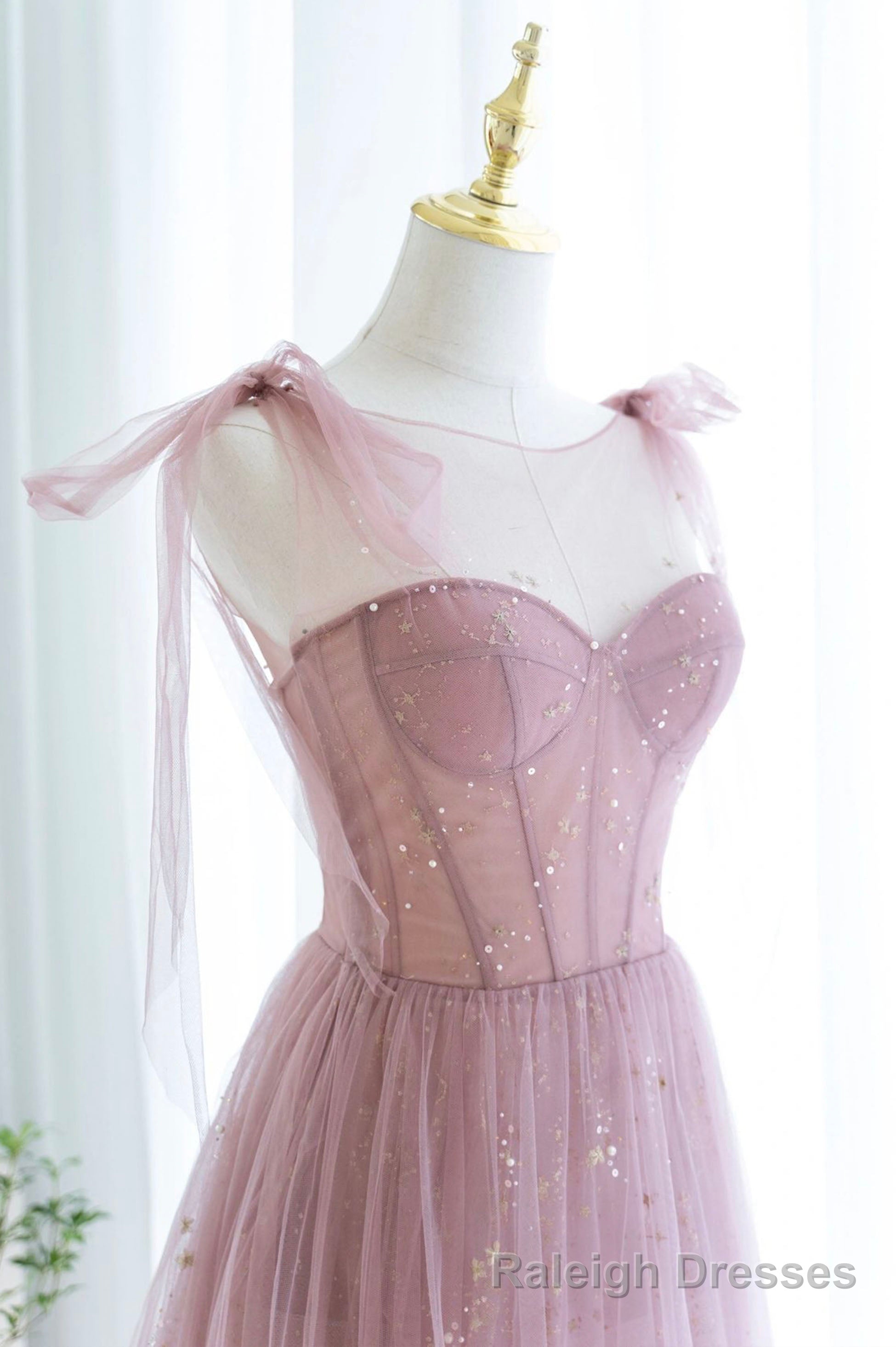 Scoop Neckline Tulle Pink Long Prom Dress, Cute A-Line Evening Party Dress