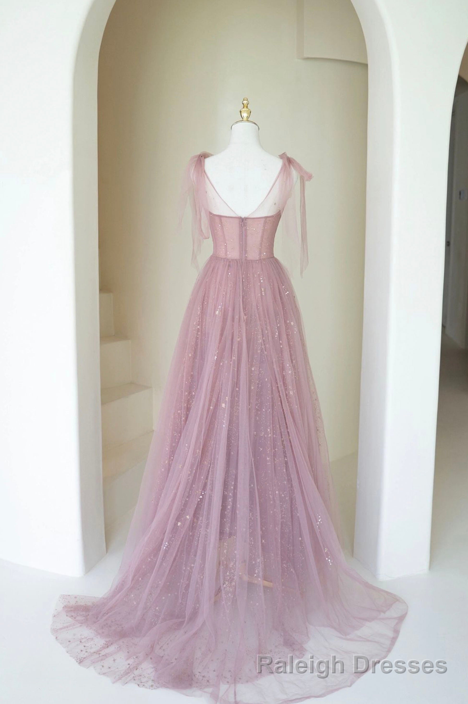 Scoop Neckline Tulle Pink Long Prom Dress, Cute A Line Prom Prom Dress Secondary image