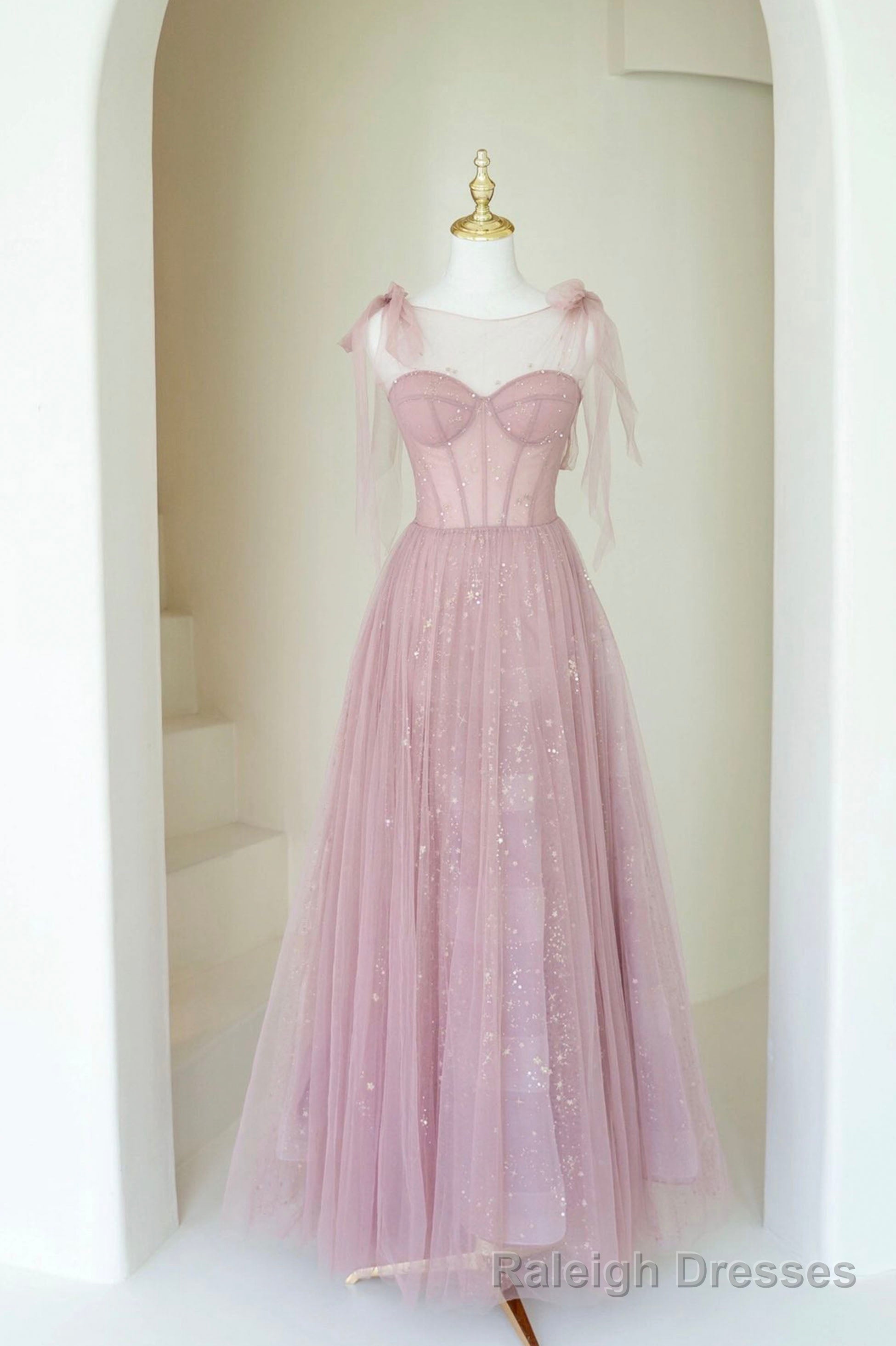 Scoop Neckline Tulle Pink Long Prom Dress, Cute A-Line Evening Party Dress Main image