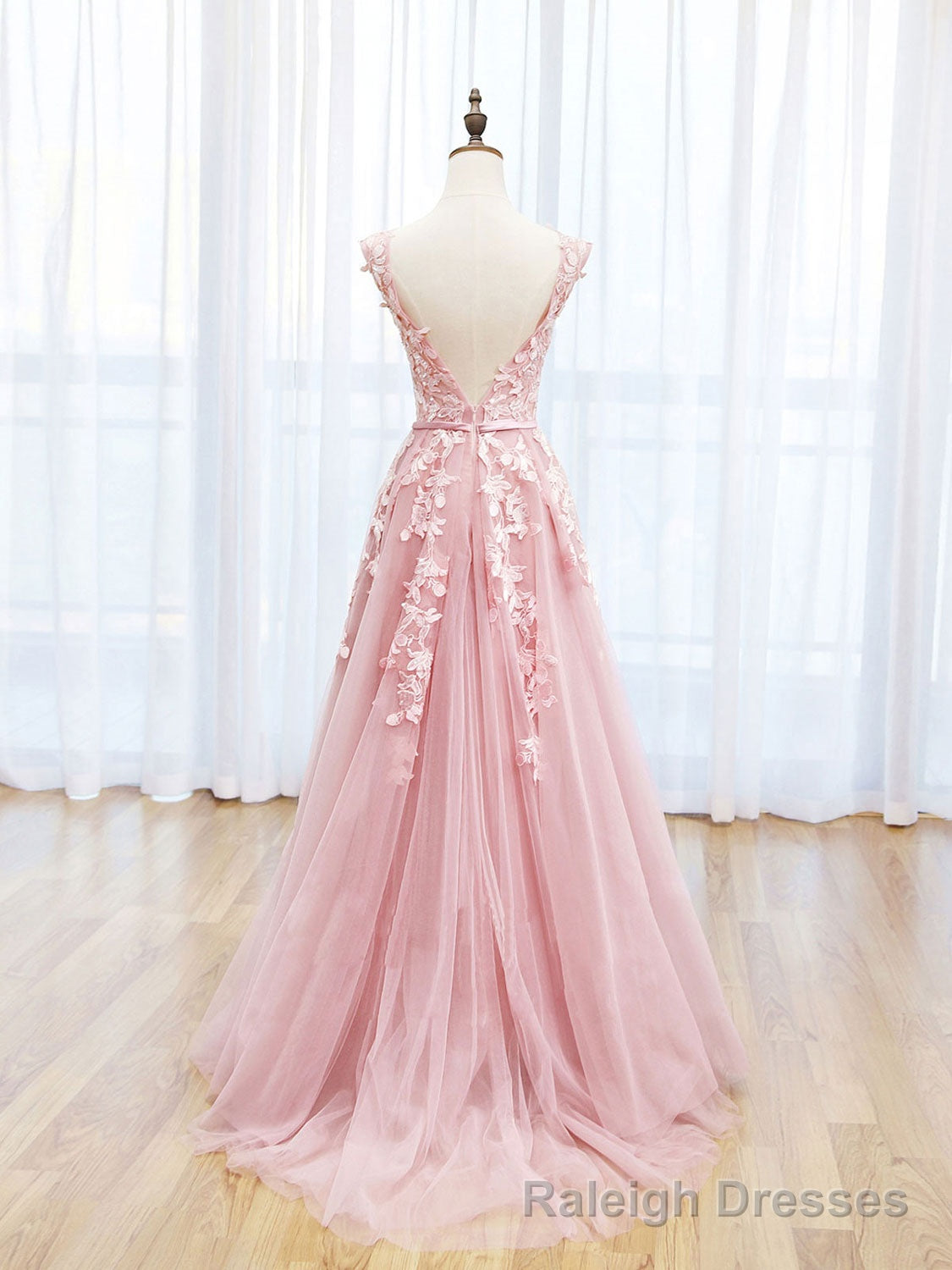 Scoop Neckline Tulle Pink Long Prom Dress, Pink Backless Evening Dresses Secondary image