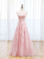 Scoop Neckline Tulle Pink Long Prom Dress, Pink Backless Evening Dresses
