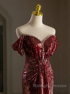 Simple Off Shoulder Sequin Burgundy Long Prom Dress, Burgundy Long Evening Dress