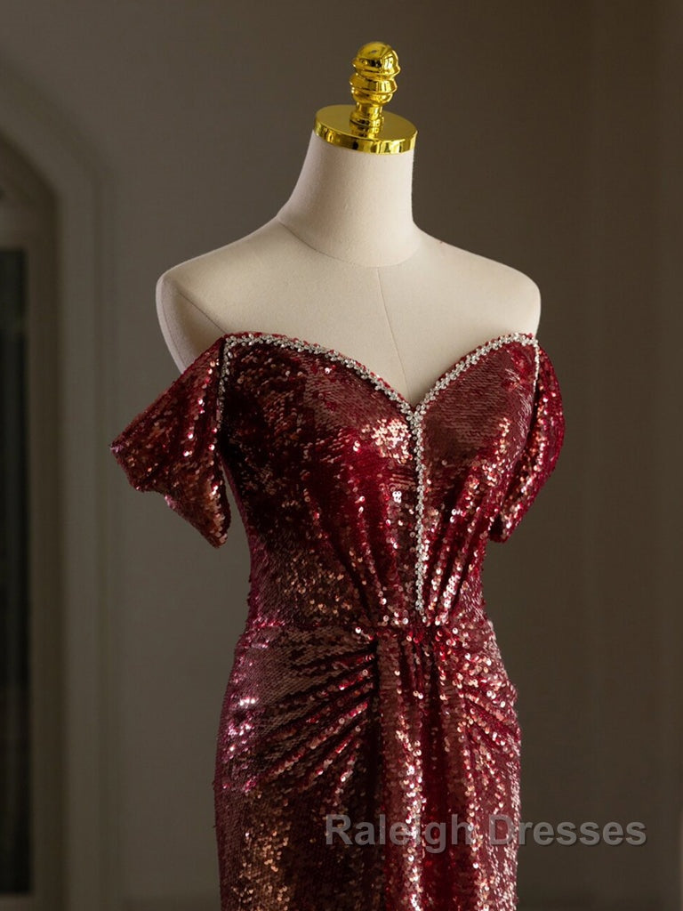 Simple Off Shoulder Sequin Burgundy Long Prom Dress, Burgundy Long Evening Dress