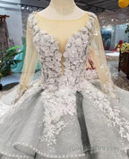 Gorgeous Lace Appliques Tulle Long Sleeves Monarch Train Ball Gowns Wedding Dresses