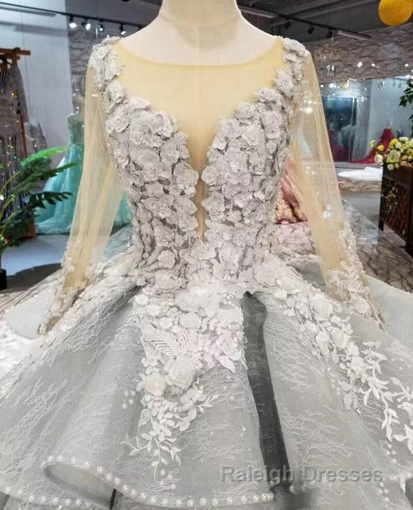 Gorgeous Lace Appliques Tulle Long Sleeves Monarch Train Ball Gowns Wedding Dresses