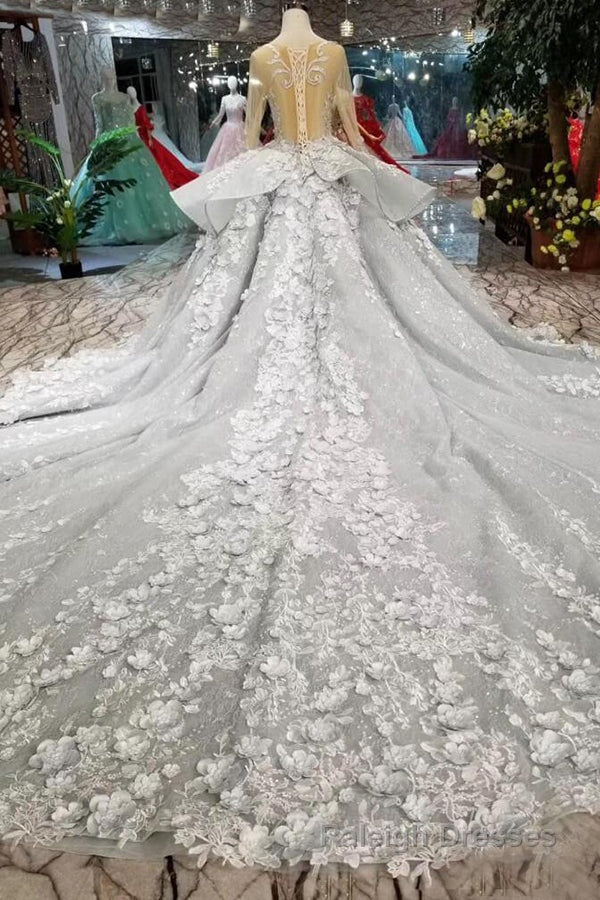 Gorgeous Lace Appliques Tulle Long Sleeves Monarch Train Ball Gown Wedding Dresses Main image