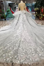 Gorgeous Lace Appliques Tulle Long Sleeves Monarch Train Ball Gown Wedding Dresses