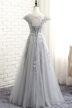 See Through Gray Cap Sleeves Tulle Appliques Scoop Tulle Prom Dresses