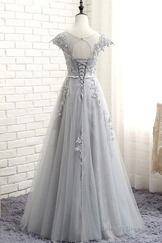 See Through Gray Cap Sleeves Tulle Appliques Scoop Tulle Prom Dresses