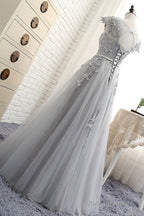See Through Gray Cap Sleeves Tulle Appliques Scoop Tulle Prom Dresses