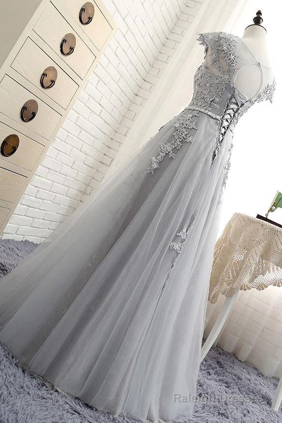 See Through Gray Cap Sleeves Tulle Appliques Scoop Tulle Prom Dresses