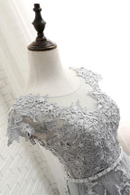See Through Gray Cap Sleeves Tulle Appliques Scoop Tulle Prom Dresses