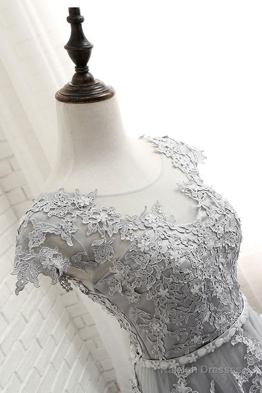 See Through Gray Cap Sleeves Tulle Appliques Scoop Tulle Prom Dresses