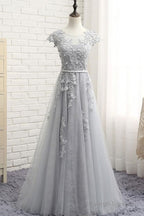 See Through Gray Cap Sleeves Tulle Appliques Scoop Tulle Prom Dresses