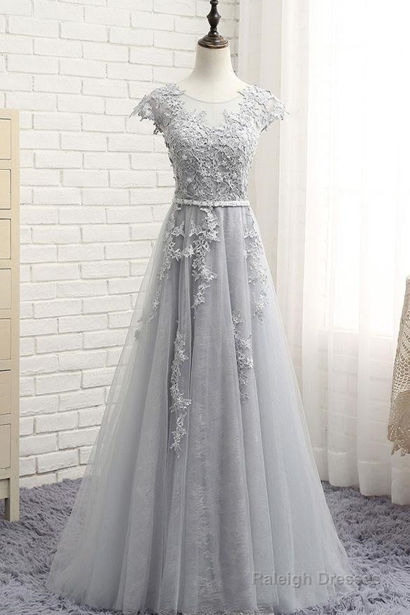 See Through Gray Cap Sleeves Tulle Appliques Scoop Tulle Prom Dresses