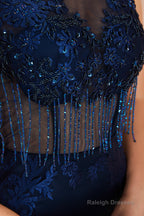 See-Through Tassel Mermaid Beaded Navy Blue Prom Dresses