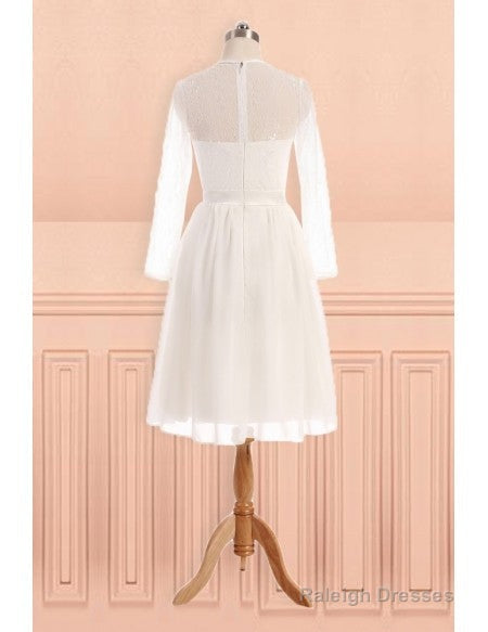 See Through Tulle Knee Length Sheer Round Long Sleeves Wedding Dress