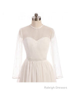 See Through Tulle Knee Length Sheer Round Long Sleeves Wedding Dress