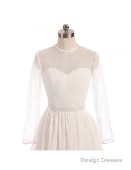 See Through Tulle Knee Length Sheer Round Long Sleeves Wedding Dress