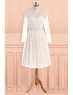 See Through Tulle Knee Length Sheer Round Long Sleeves Wedding Dress
