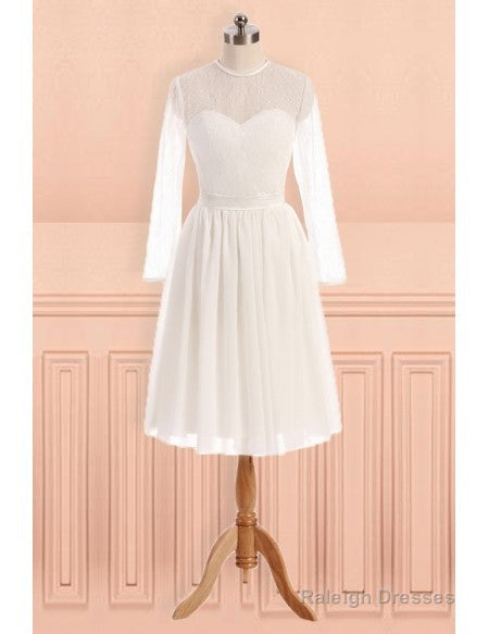 See Through Tulle Knee Length Sheer Round Long Sleeves Wedding Dresses Main image