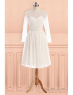 See Through Tulle Knee Length Sheer Round Long Sleeves Wedding Dresses