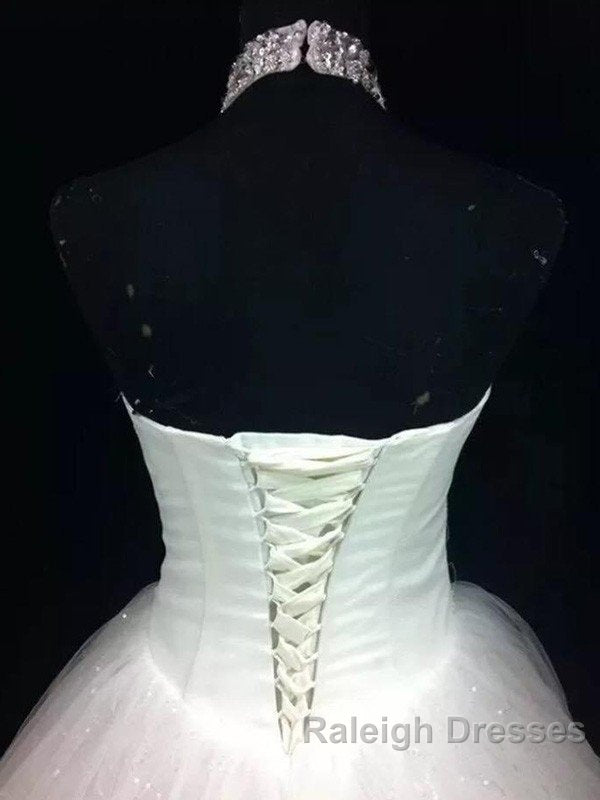Sequin Ball Gown Sleeveless Floor Length Beading Tulle Halter Wedding Dresses