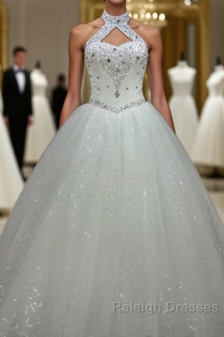 Sequin Ball Gown Sleeveless Floor Length Beading Tulle Halter Wedding Dresses Main image