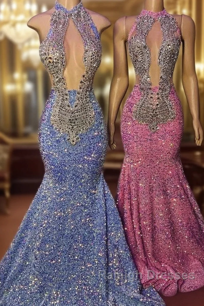 Sequin Mermaid Pink High Neck Crystals Prom Dresses Main image