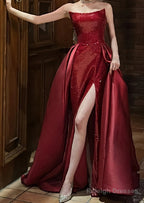 Sequin Mermaid Strapless Sleeveless Party Dress Red Long Prom Dresses