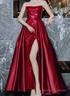 Sequin Mermaid Strapless Sleeveless Party Dress Red Long Prom Dresses