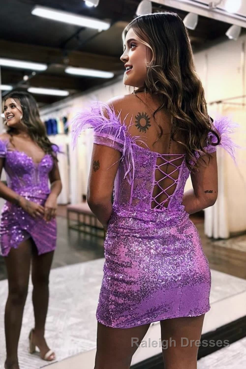 Sequin Off The Shoulder Lace Up-Corset Short Homecoming Dress With Feather Secondary image