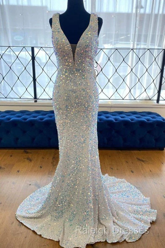 Sequin White Iridescent Formal Dress  Cheap V Neck Sleeveless Prom Dress Uk