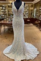 Sequin White Iridescent Formal Dress  Cheap V Neck Sleeveless Prom Dress Uk