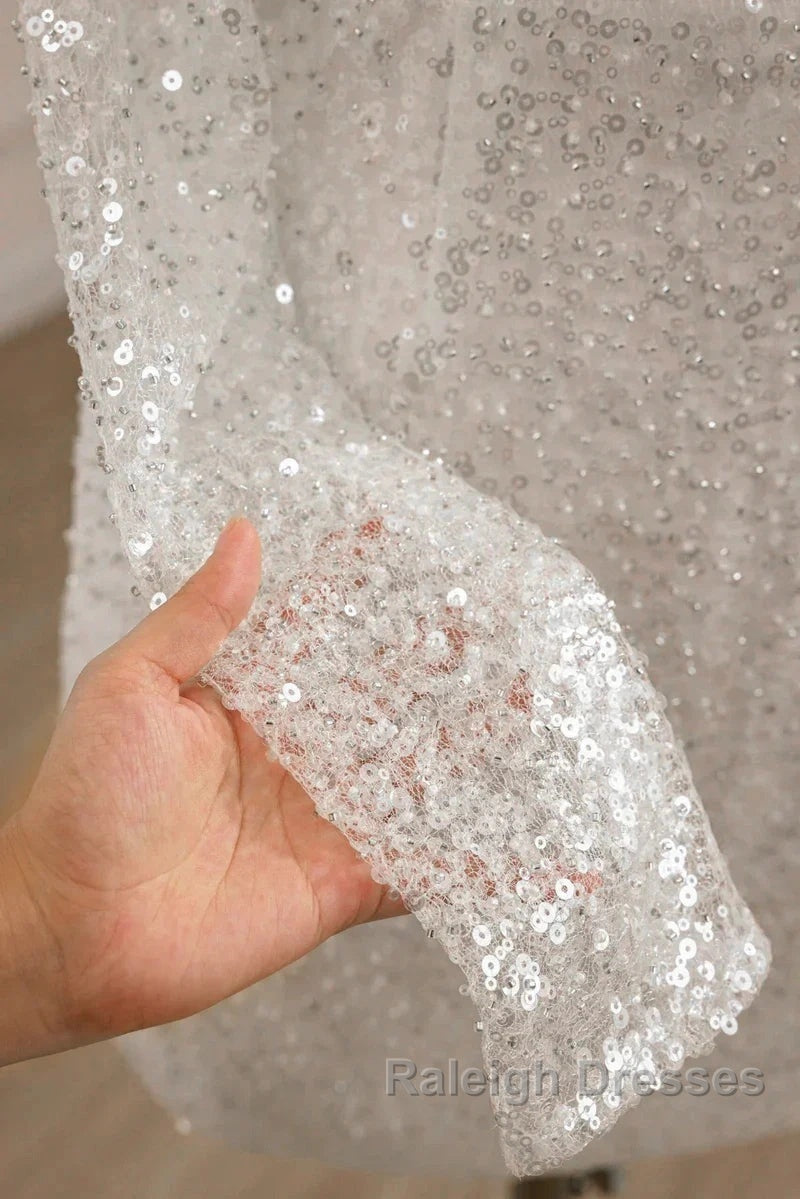 Sequined Backless Wedding Dress With Long Detachable Sleeves