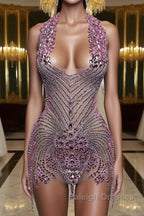 Sequined Mermaid Halter Jersey Beading Sleeveless Mini Rhinestone Party Dress With Feather