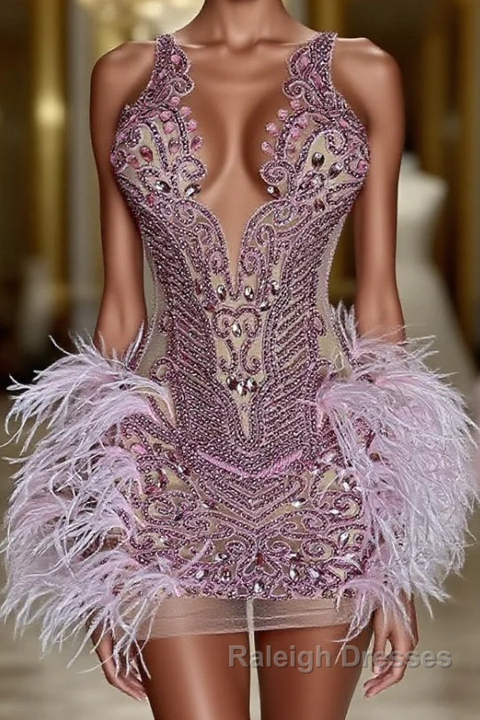 Sequined Mermaid Jewel Jersey Beading Sleeveless Mini Rhinestone Party Dress With Feather Main image