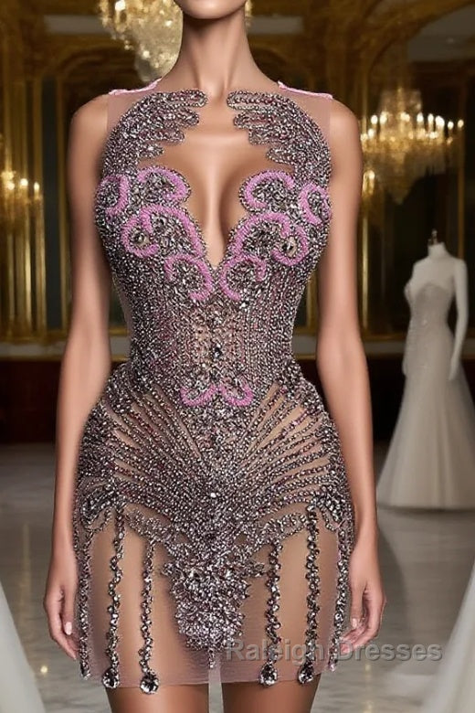 Sequined Mermaid Jewel Jersey Beading Sleeveless Mini Rhinestone Party Dress Main image